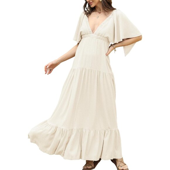 Women Summer Dress Maxi V-Neck Backless Flutter Sleeves Tiered Silhouette - Picture 2 of 9